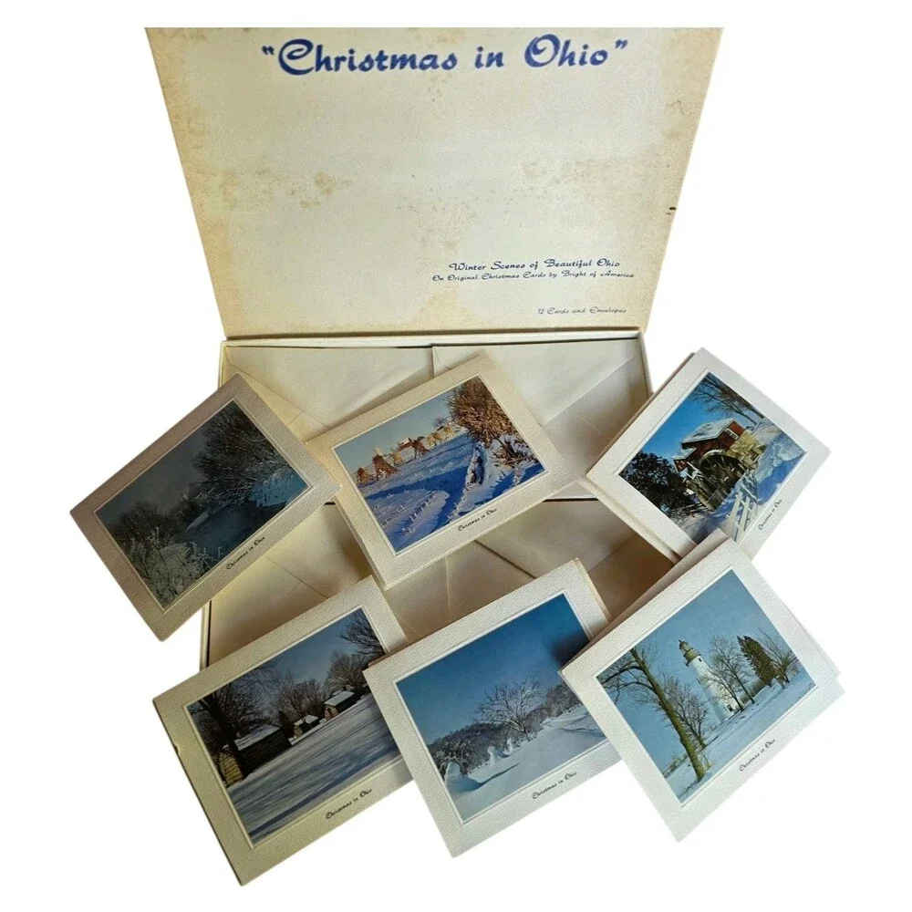 Vtg Bright of America 12 Christmas In Ohio Cards Stationary w Envelopes, Box